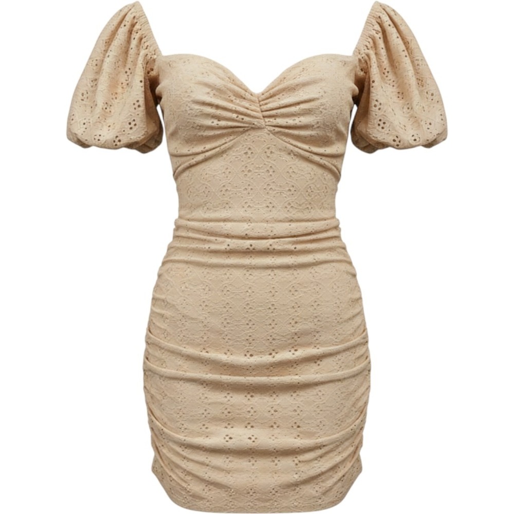 Mistyrose Eyelet Mini Dress Womens Small Beige Ruched Off Shoulder Summer